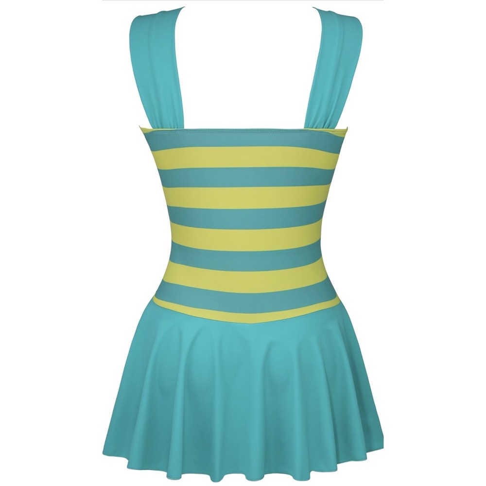 Retro Turquoise Polka Dot Swim Dress – Tummy Control Flare Skirt – Size L - Picture 2 of 8